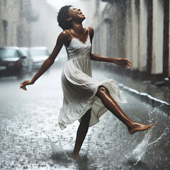 Amidst a gentle downpour, a woman revels in the joy of rain, her laughter mingling with the rhythm of falling droplets. Clad in a flowing white wet dress, she dances carefree, splashing in the puddles