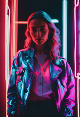 Full body portrait. ,young girl in neon light at a disco rest and entertainment used pastime