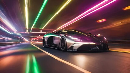 super sports car of the future, driving through a tunnel lit by neon lights. Generative AI
