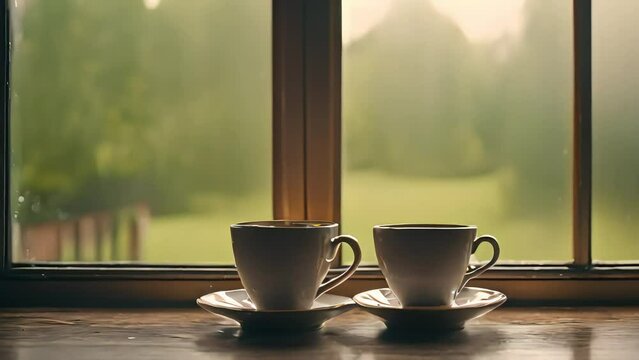 two cups of hot tea on the window sill, rain falling outside the window. homey atmosphere. 