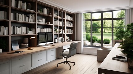 A home office with a built-in desk and plenty of natural light.