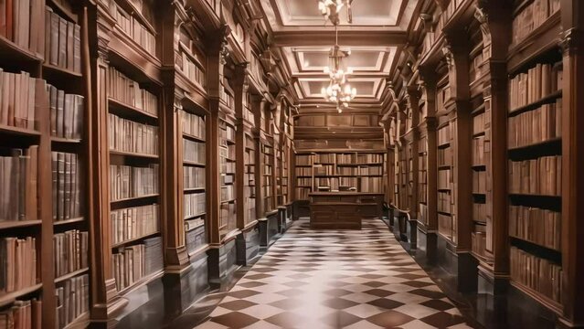 a room of an ancient library, with many books on the shelves. Generative AI