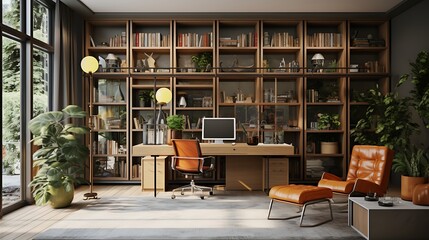 A home office with a mid-century modern aesthetic.