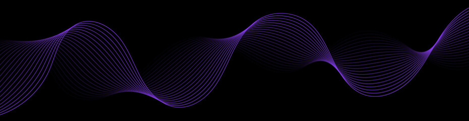 Abstract background with waves for banner. Web banner size. Vector background with lines. Element for design isolated on black. Black and purple