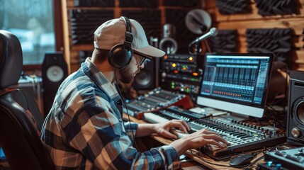 Fototapeta na wymiar Hipster singer and music producer recording songs in music studio