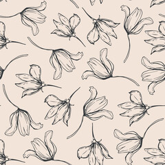 Hand drawn flowers seamless repeat pattern. Random placed, vector botanical elements aop all over surface print on beige background.