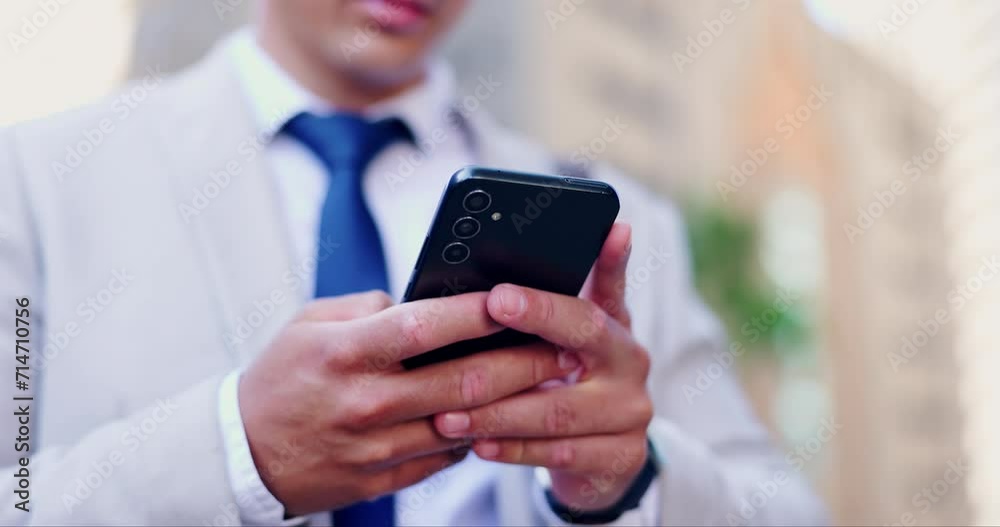 Poster hands, business man and smartphone, chat in city for communication and social media, online map for 