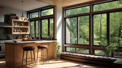 A kitchen with a large window for natural light and views.