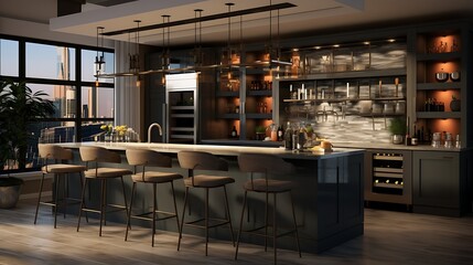A kitchen with a separate bar area for drinks and cocktails.