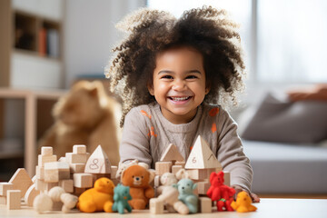 Portrait of a dark-skinned African American happy child playing in a kindergarten or children's...