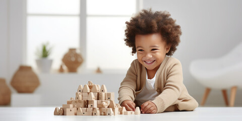 Portrait of a dark-skinned African American happy child playing in a kindergarten or children's room with wooden educational toys. Concept of leisure, development, education. Banner