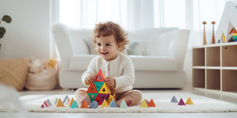 Portrait happy kid playing in a kindergarten or children's room at home with wooden educational toys. Concept of leisure, development, education. Banner