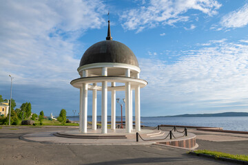 Rotunda gazebo on Onega lake in the early June morning. Petrozavodsk, Kareli. Russia