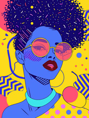 Portrait of a drawn, colorful, hipster woman wearing pink sunglasses and a bouffant hairstyle. Modern, designer, youth illustration for advertising and social networks.