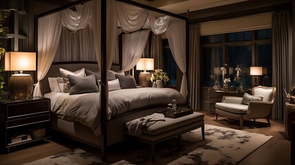 A luxurious master suite with a canopy bed and plush bedding.