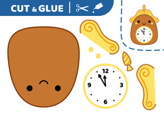 Retro kawaii clock. Cut and glue. Cute watch. Squishmallow. Applique. Paper game. Vector