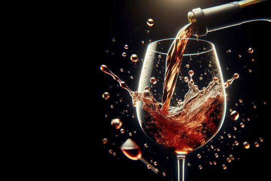 Pour wine in a glass Isolated on solid black bright background. ai generative