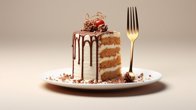 A fork and a cake white background 3d best rendered , Generate AI
