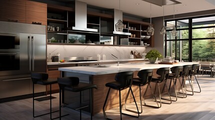 A modern and functional kitchen with smart appliances and clean lines.