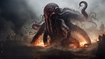 A giant red octopus, with splashes of black and white smoke , generate AI - obrazy, fototapety, plakaty