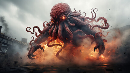 A giant red octopus, with splashes of black and white smoke , generate AI