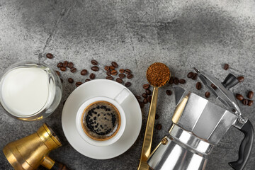 Ingredients for making coffee. Different ways to make coffee geyser moka maker,turkish coffee pots (cezve). Coffee making concept with milk, cinnamon and star anise. Flat Lay. Top view. Copy space