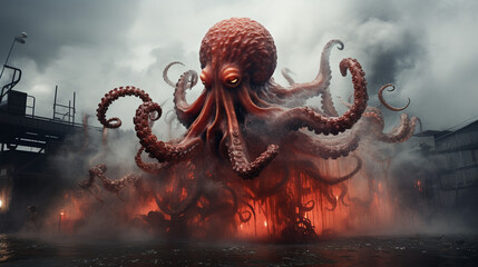 A giant red octopus, with splashes of black and white smoke , generate AI - obrazy, fototapety, plakaty