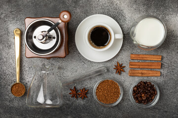 Ingredients for making coffee. Different ways to make coffee geyser moka maker,turkish coffee pots (cezve). Coffee making concept with milk, cinnamon and star anise. Flat Lay. Top view. Copy space