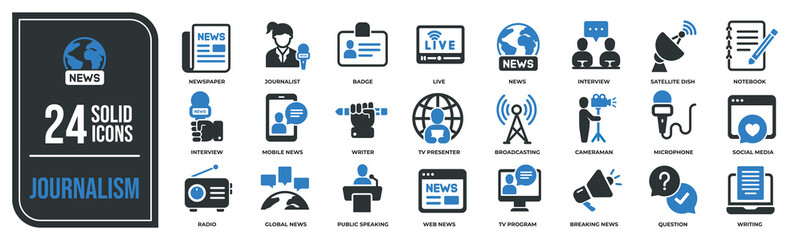 Journalism solid icons collection. Containing customer press, news, journalist, mass media etc icons. For website marketing design, logo, app, template, ui, etc. Vector illustration. - obrazy, fototapety, plakaty
