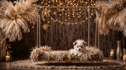 A small white puppy is sitting on a fluffy brown pet bed - obrazy, fototapety, plakaty