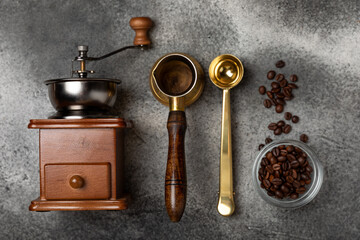 Ingredients for making coffee. Different ways to make coffee geyser moka maker,turkish coffee pots (cezve). Coffee making concept with milk, cinnamon and star anise. Flat Lay. Top view. Copy space