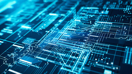 Abstract digital technology background with a circuit board and blue lights.
