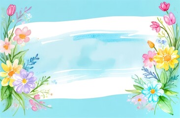 Spring banner in blue pastel shades with multi-colored flowers