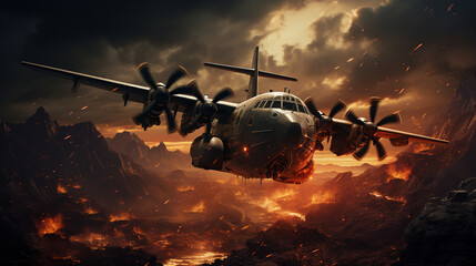  A large and powerful Hercules plane in the middle of war, preparing to shoot targets, war background , Generate AI