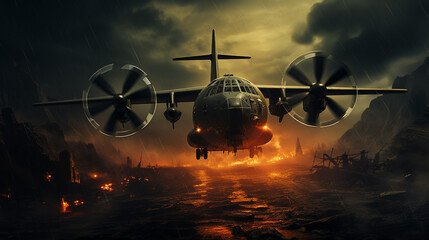  A large and powerful Hercules plane in the middle of war, preparing to shoot targets, war background , Generate AI - obrazy, fototapety, plakaty