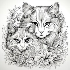 Cat coloring book, black and white image of animals. A sketch of a cat and a kitten with a floral ornament.
