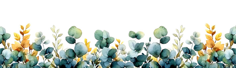Watercolor eucalyptus leaves and branches banner, vibrant greens with golden highlights on a isolated on transparent or white background. Elegant, fresh, and lively