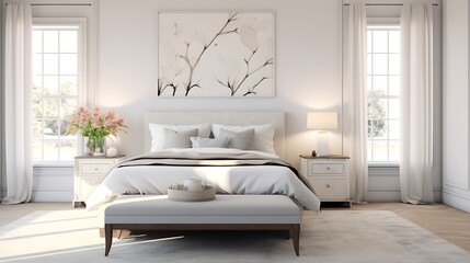 A serene and calming bedroom with a soft color palette.