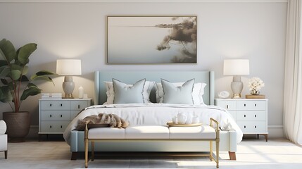 Fototapeta na wymiar A serene and calming bedroom with a soft color palette.