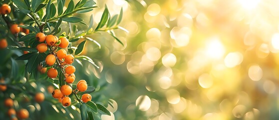 Sanddorn Beeren am Zweig, reife, orange farbene Früchte vor verschwommenen Hintergrund mit...