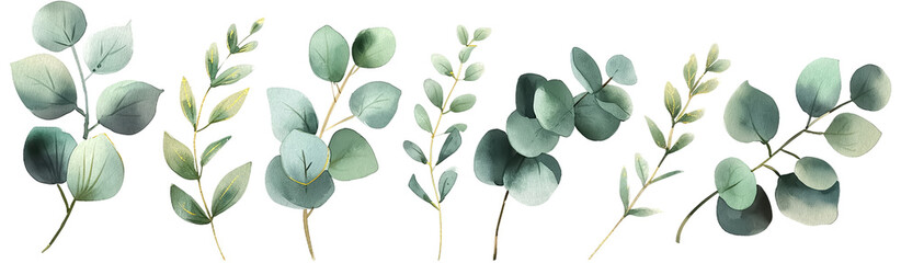 Watercolor eucalyptus branches with varied leaf arrangements, isolated on a white background