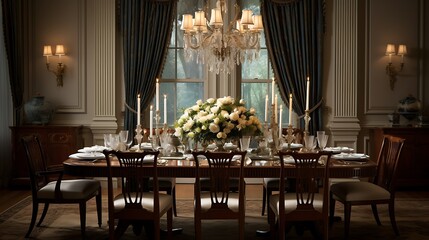 A traditional dining room with a classic dining set and elegant drapery.