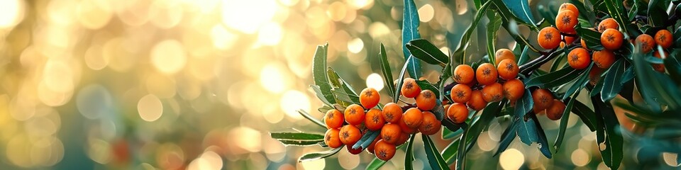 Sanddorn Beeren am Zweig, reife, orange farbene Früchte vor verschwommenen Hintergrund mit Leerraum für Marketing, Text, Werbung - obrazy, fototapety, plakaty