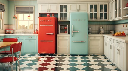 A vintage-inspired kitchen with retro appliances and checkerboard flooring.