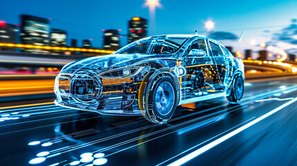 Abstract wireframe drawing of a fast-moving car on a futuristic city road. - obrazy, fototapety, plakaty