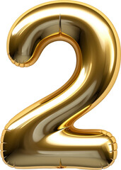 Number "2" made from shiny metallic gold number balloon isolated on transparent background. PNG