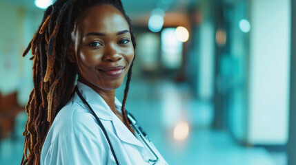 Smiling young African American woman doctor with dreadlocks. Medicine service and health care concept. Generative AI