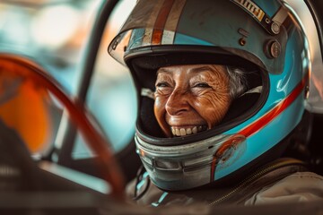 old woman inside a racing car, with helmet, the focus is her laughing, retirement concept. old age driving. extreme sport racing
