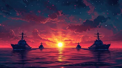 Fantasy illustration of the battle ships in the sea at sunset.