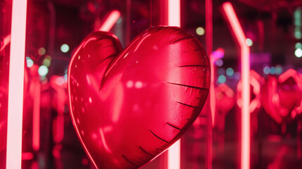 Stylish romantic interior with mirrors and illuminated neon heart. Modern contemporary Art. Valentines Day.Generative AI